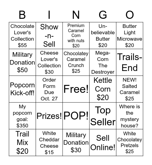 Popcorn Bingo Card