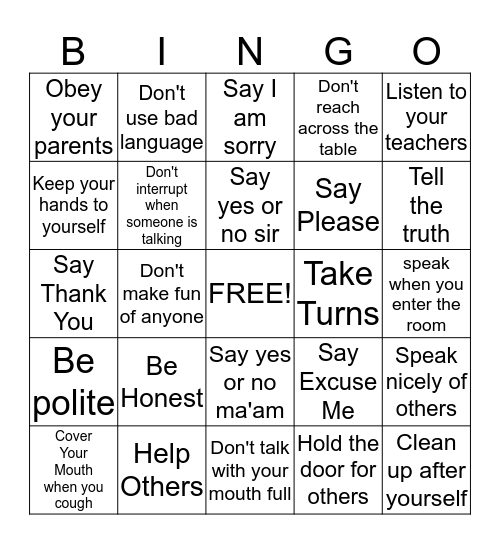 Use Your Manners Bingo Card