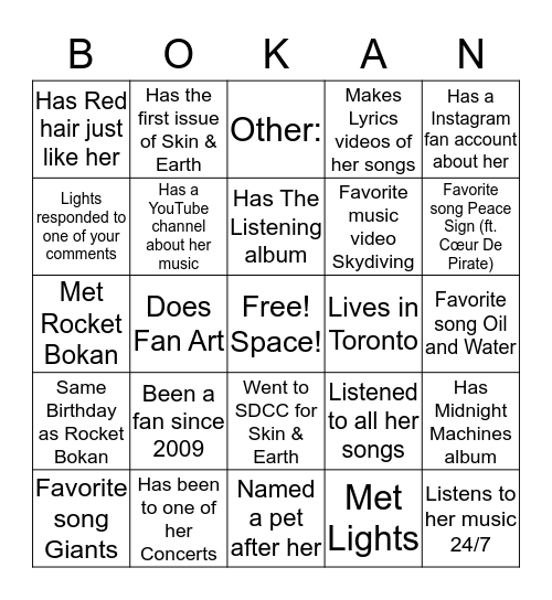 Lights Bingo Card