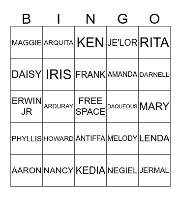 family bingo Card