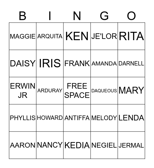 family bingo Card