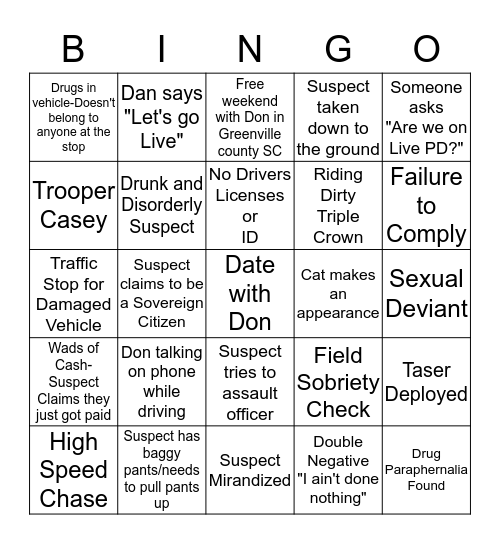 Live PD Bingo Card