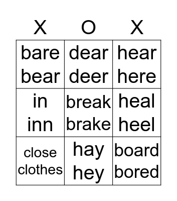 Homophones Level I - 1 Bingo Card