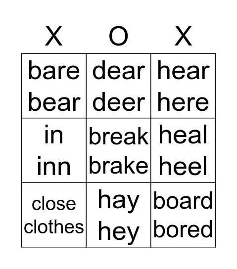 Homophones Level I - 1 Bingo Card