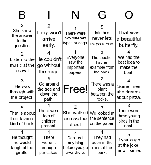 Sentence Bingo Card