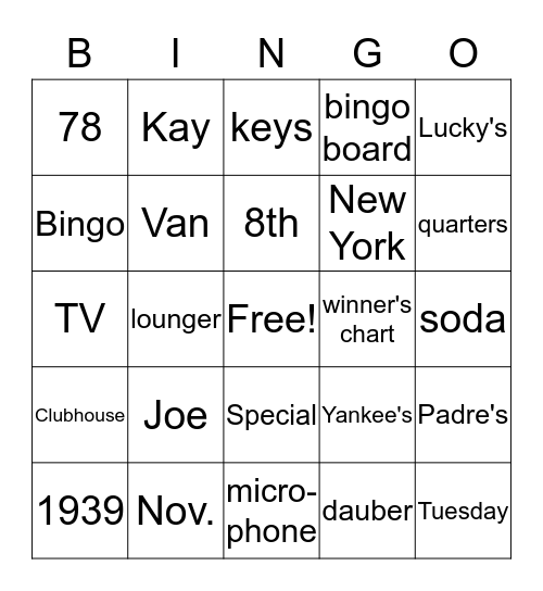 Joe Vitanza Bingo Card