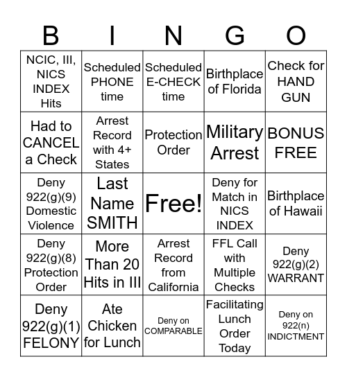 NICS Bingo Card