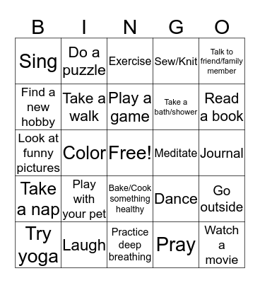Healthy Coping Skills Bingo! Bingo Card