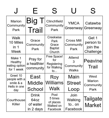 McDowell County Walking to Bethlehem  Bingo Card