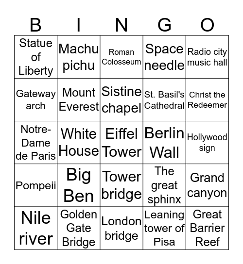 Famous Landmarks Bingo Card
