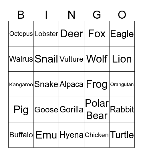 Animals & Mammals Bingo Card