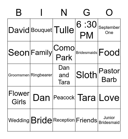 Dan and Tara Bingo Card