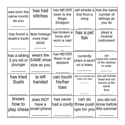 Find Someone Who...... Bingo Card