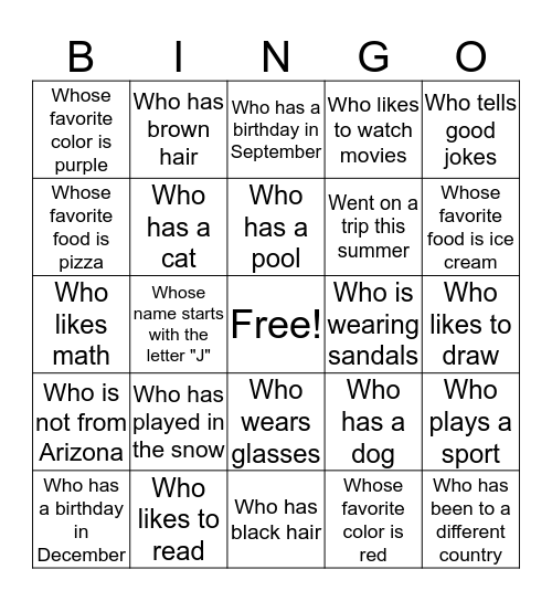 Find a classmate... Bingo Card