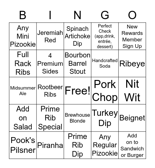 Weekend Dinner Bingo Card