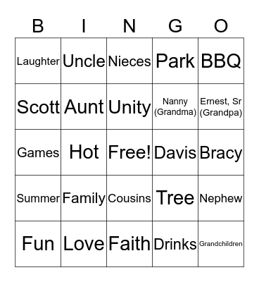 Scott Family Reunion Bingo Card