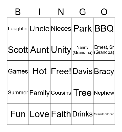 Scott Family Reunion Bingo Card