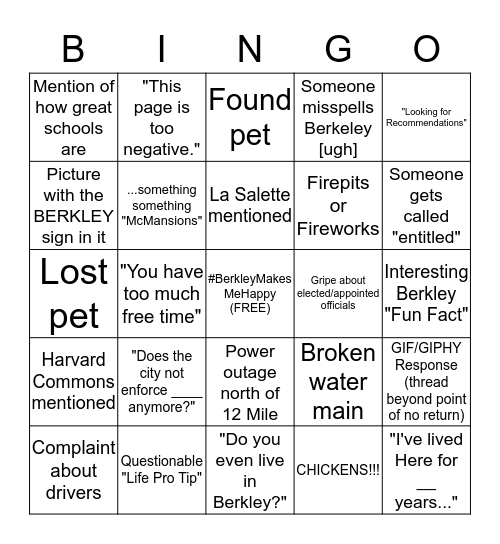 Berkley Facebook Bingo Card