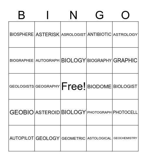 BIO, AST, GEO, GRAPH BINGO Card