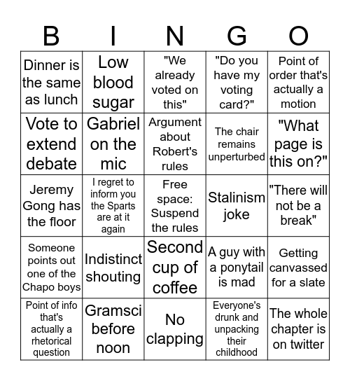 DSA SF Goes to Convention Bingo Card