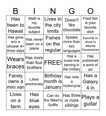 First Day Bingo Card