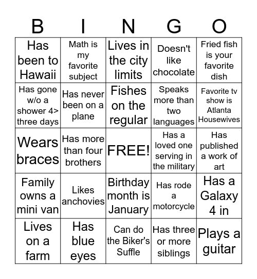 First Day Bingo Card