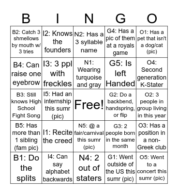 BUMP GROUP BINGO! Bingo Card