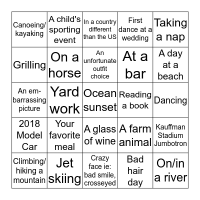 Cell Phone Pic Bingo Card