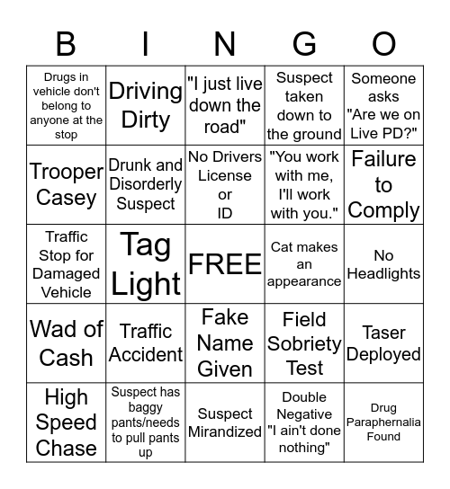 Live PD Bingo Card