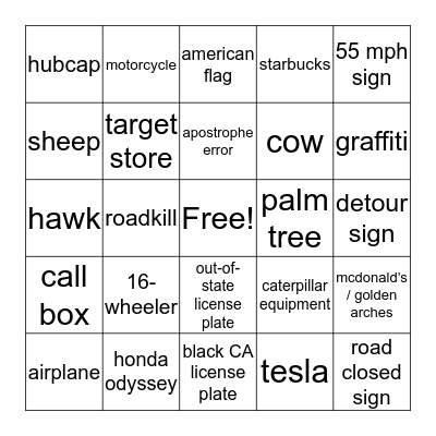 Road Trip Bingo! Bingo Card