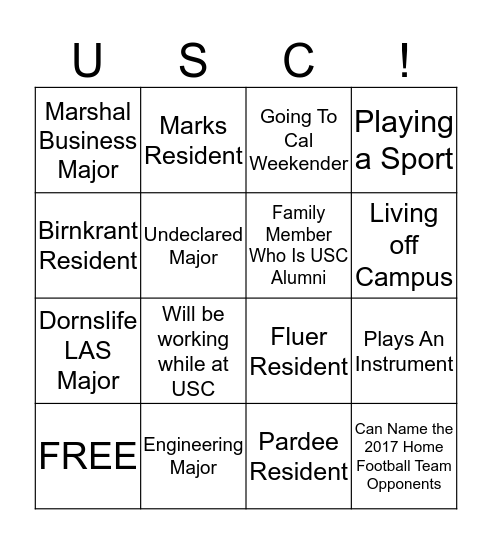 USC STUDENT SQUARES Bingo Card