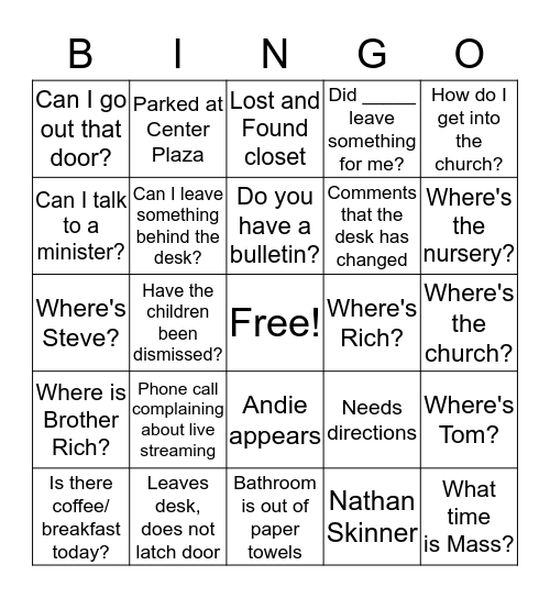 Sunday Front Desk Bingo Card