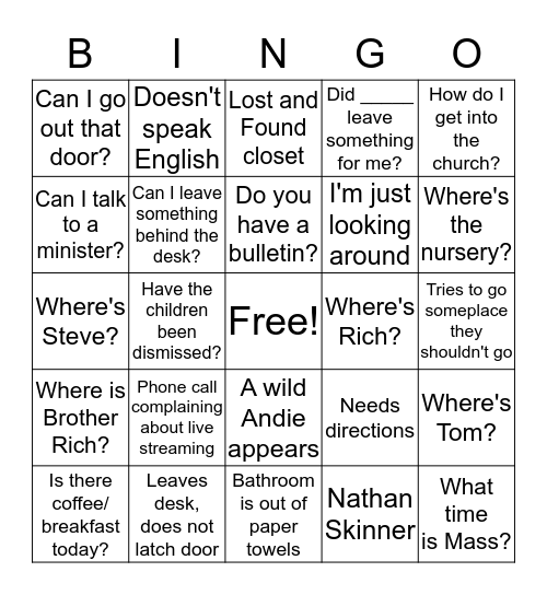 Sunday Front Desk Bingo Card