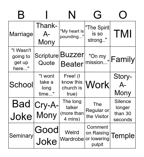 Testimony Bingo  Bingo Card