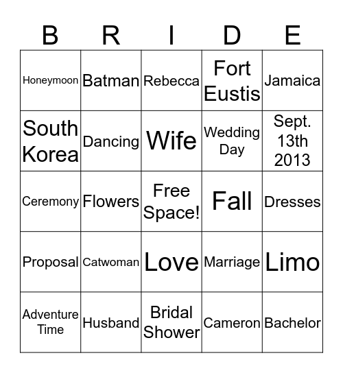 Bridal Bingo Card