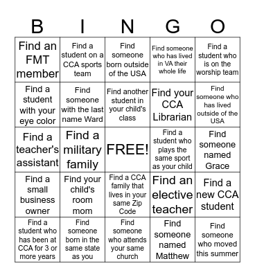 CCA Family Picnic Bingo Card