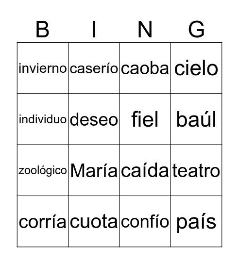 Bingo HIATO-DIPTONGO Bingo Card