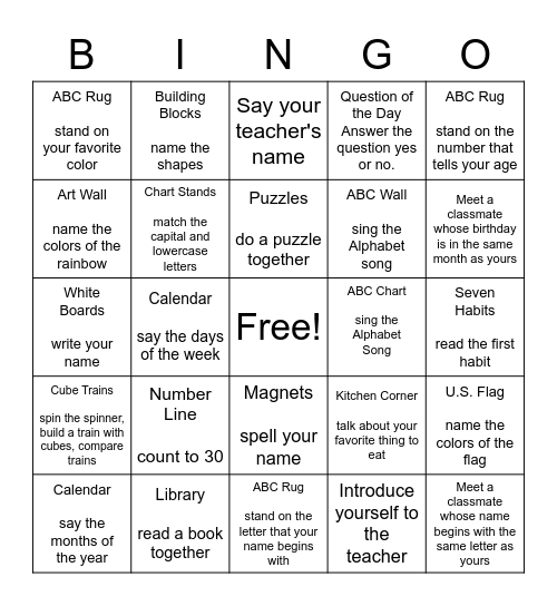 Welcome to Kindergarten Bingo Card