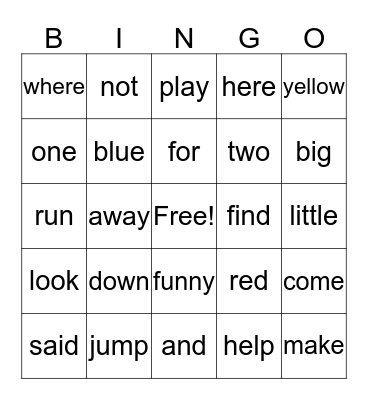 PrePrimer Sight Words Bingo Card