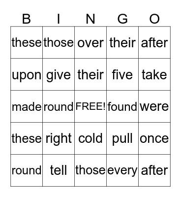Sight Words Bingo Card