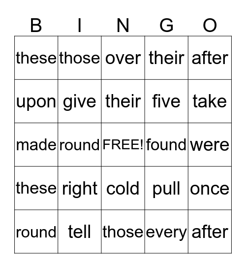 Sight Words Bingo Card