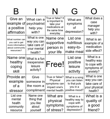 Mental Health Recovery Bingo Card