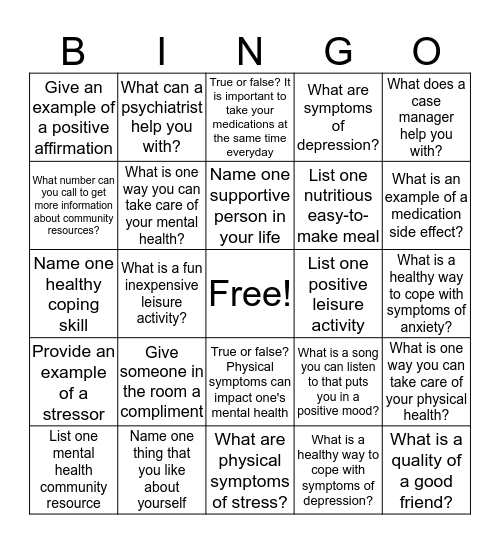 Mental Health Recovery Bingo Card