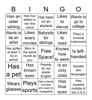 Get To Know You BINGO Card