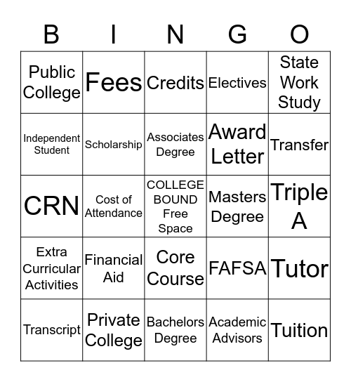 Go To College Bingo Card