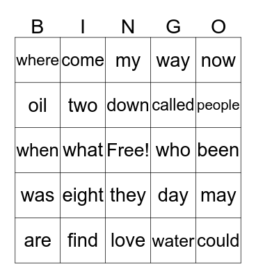 SIGHT WORD BINGO Card