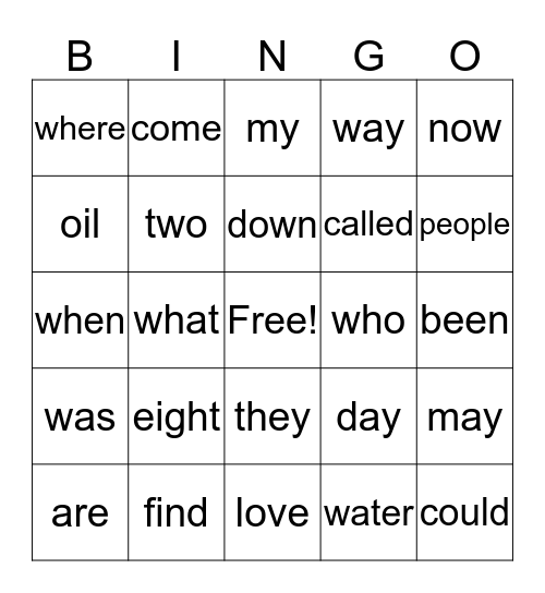 SIGHT WORD BINGO Card