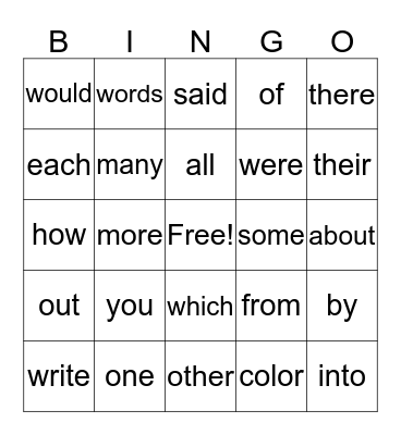 SIGHT WORD BINGO Card
