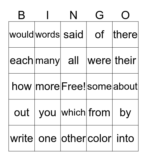 SIGHT WORD BINGO Card