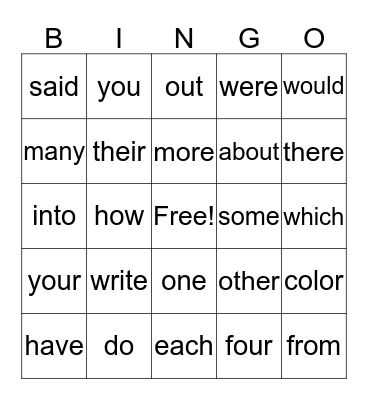 SIGHT WORD BINGO Card